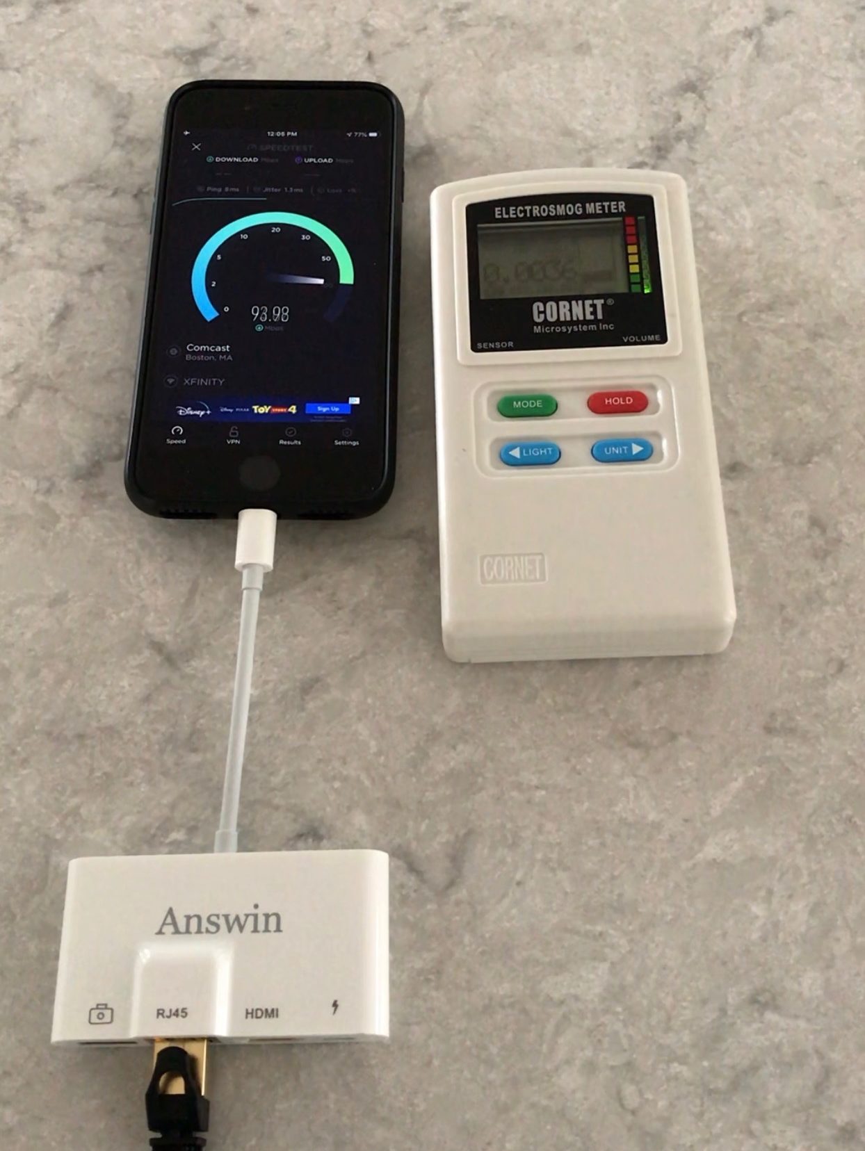 Wire iPhone via Ethernet - Speeds of 93.93 and RF measurement of 0.0036